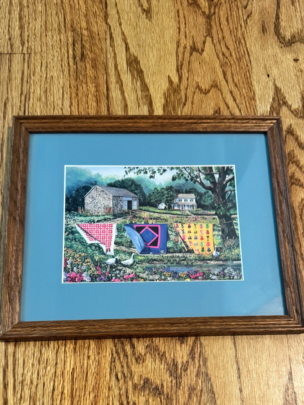 Vintage Framed Country Quilt Print with Blue Mat